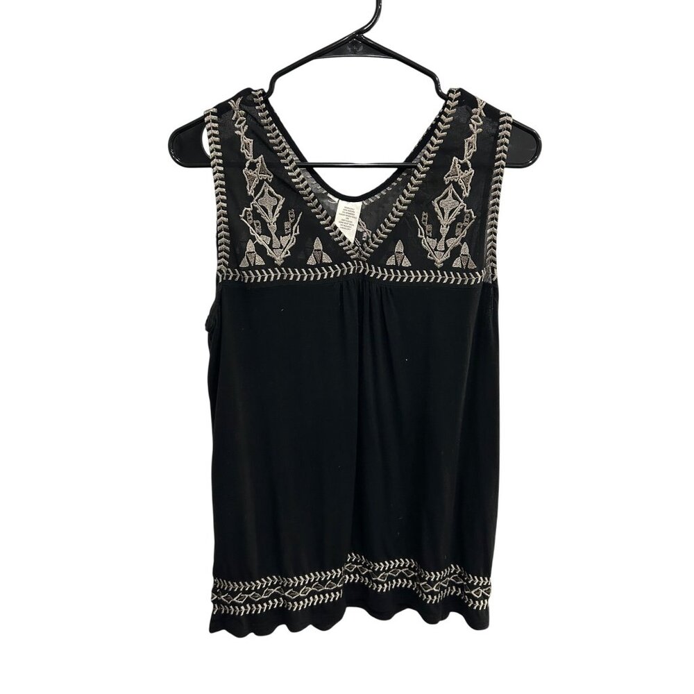 Womens Embroidered Black Sleeveless V-Neck Scalloped Hem Top Boho Chic Retro